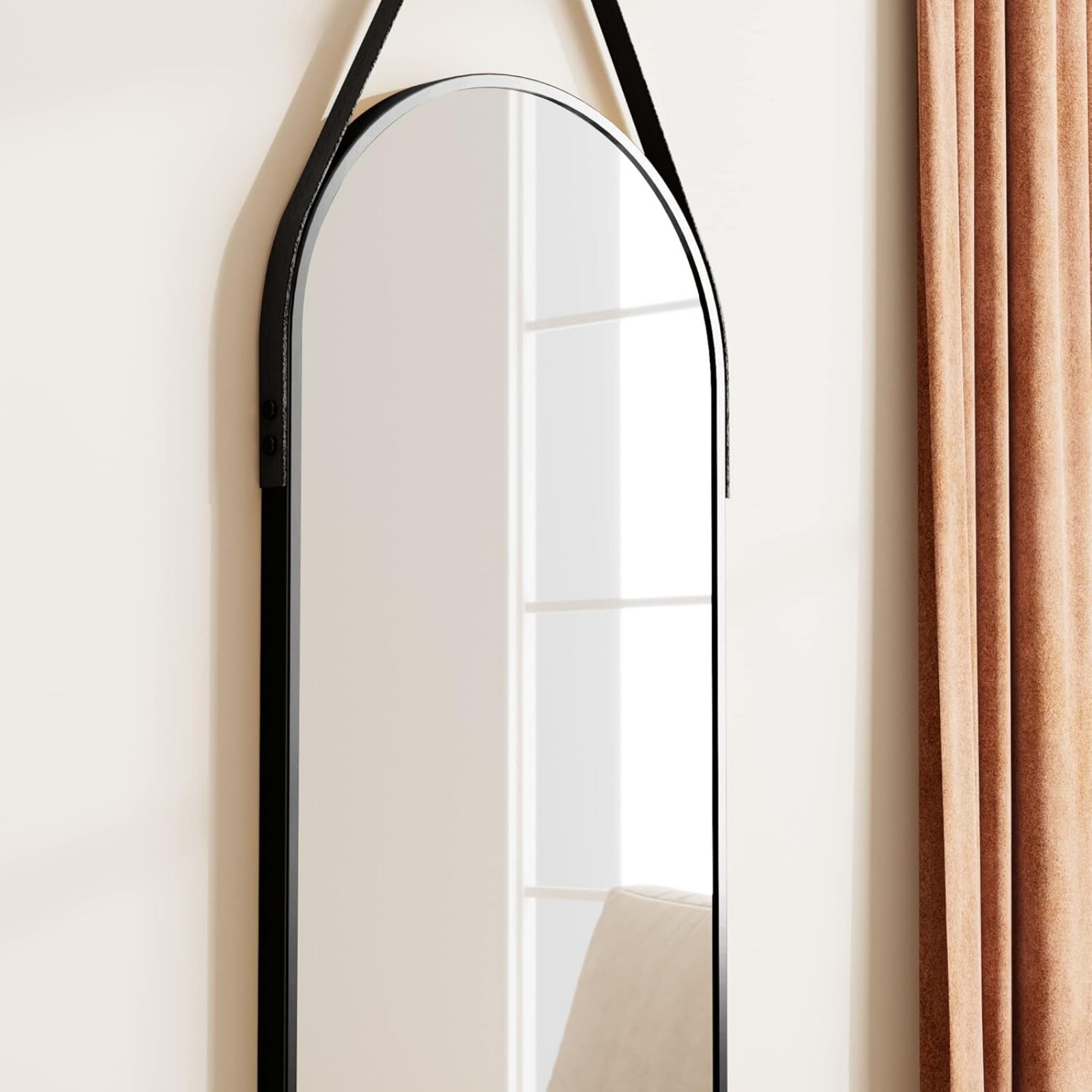 BEAUTYPEAK 48"x16" Arched Full Length Wall Mirror with Leather Hanging Straps and Aluminum Frame,Black