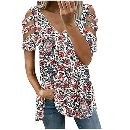 

Shirts for Women Shirts for Women Fashion Woman Causal V-Neck Printing Blouse Short Sleeve T-Shirt Summer Tops Crop Top White Tank Tops Women on Sales Red S