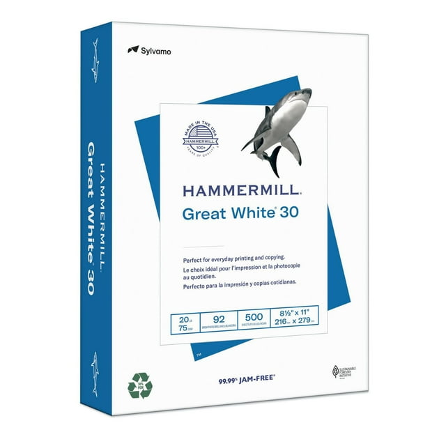 Papier d'imprimante recyclé Great White 30% Hammermill, 8,5 po x 11 po, 92 brillant, 20 lb, 500 Feuilles par paquet