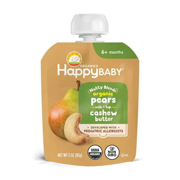 Happy Baby Nutty Blends, Stage 2 Organic Baby Food, Pears & Cashew Butter, 3 oz Pouch