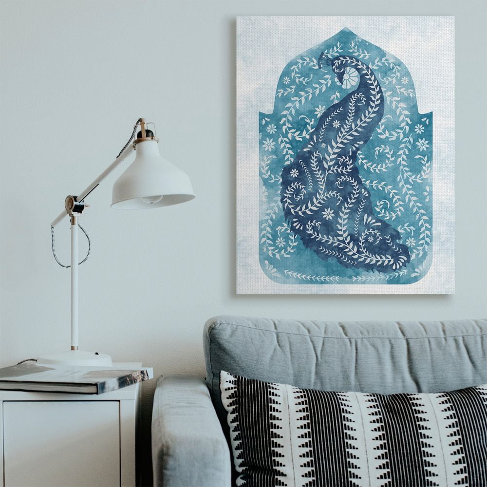 Stupell Industries Arabesque Peacock Jungle Vines Bird White Blue Watercolor Canvas Wall Art Design by Ziwei Li, 36" x 48"