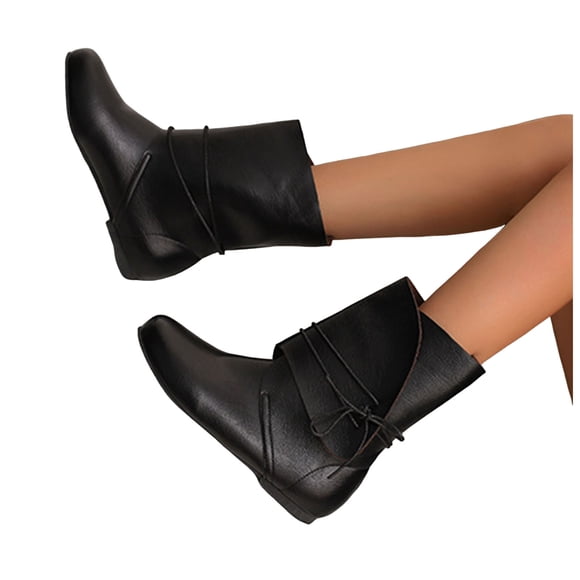 IUJSOY Round Toe Ankle Boots for Women Lace up Wide Calf Flat Booties Motorcycle Western Boots