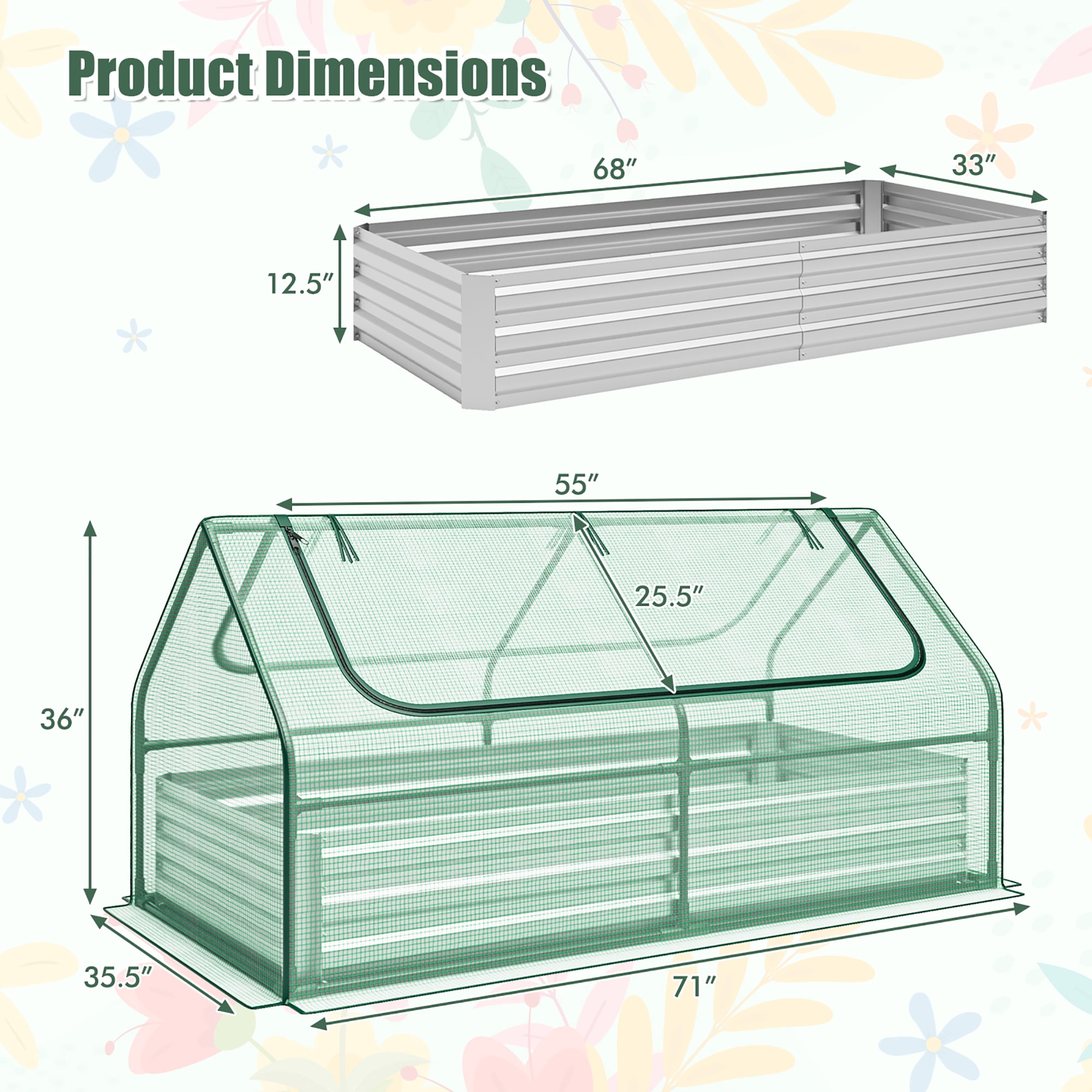 Gymax Galvanized Steel Raised Garden Bed Metal Planter Box Kit w/ Mini Greenhouse Cover