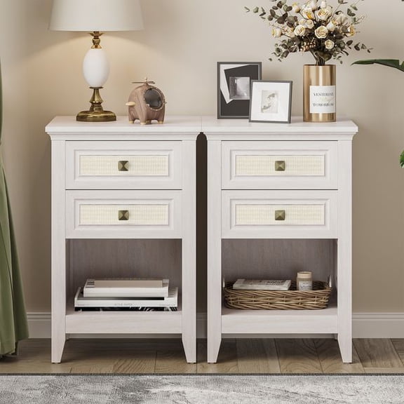 Grayish White Rattan Nightstand with Drawer Set of 2, Boho 27" Tall Bedside Table with Storage for Small Space, Living Room Wood Accent End Table Bedroom Furniture, Couch Coffee Table