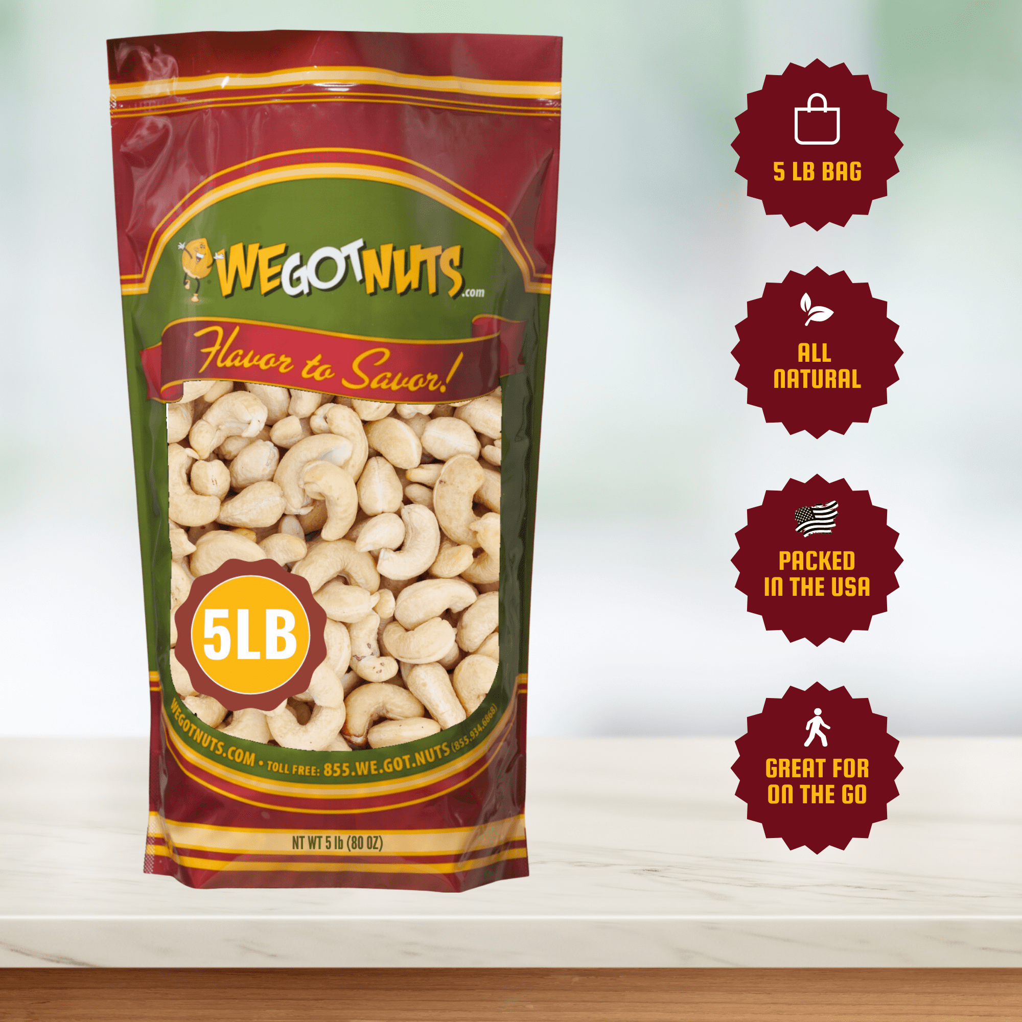 We Got Nuts Raw Unsalted Cashews, Whole Shelled Snack Nuts, Kosher, 5 lb, 80 oz, Resealable Pouch