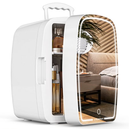 Upstreman Cosmetic Fridge with LED Lighted Makeup Mirror, 6L AC/DC Mini Refrigerator for Skincare, Fragrance, Face Masks, Portable with Handle | White