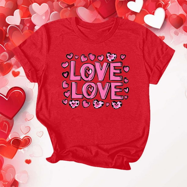 Puntoco Liquidación de camisetas cortas para mujer Camiseta de manga corta con cuello redondo y estampado para el día de San Valentín para mujer Camiseta de manga corta con cuello redondo