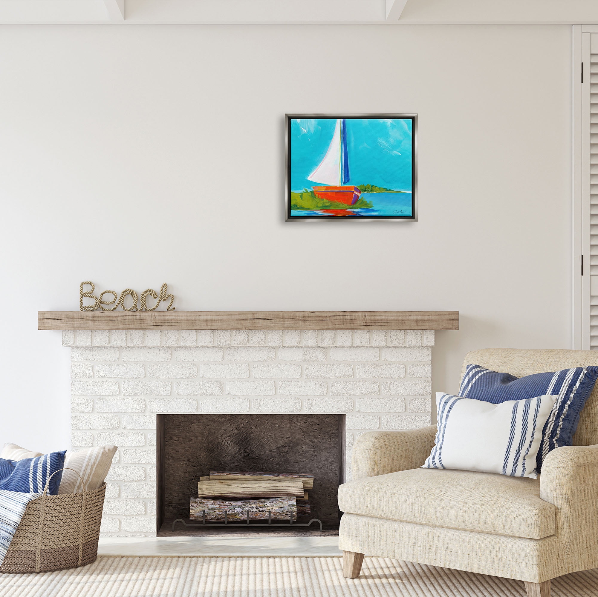 Stupell Industries Modern Sailboat on Shore Transportation Painting Gray Floater Framed Art Print Wall Art, 21 x 17