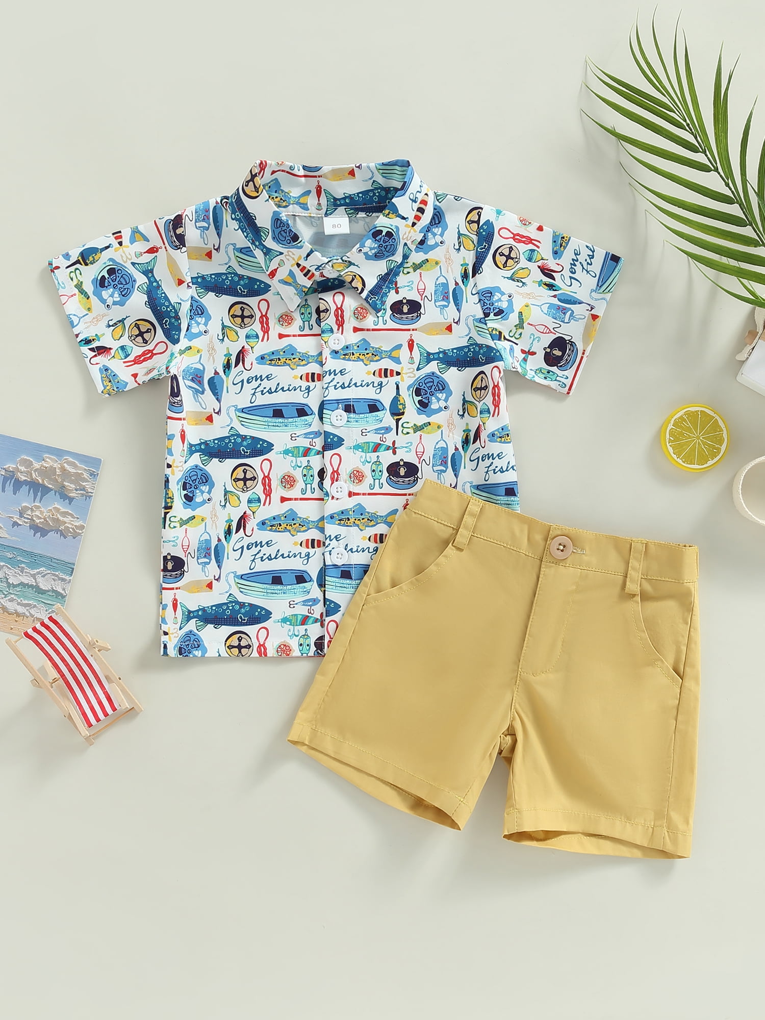 2pcs Toddler Girl Shark Print Lapel Collar Short-sleeve Shirt and Dark Blue Shorts Set