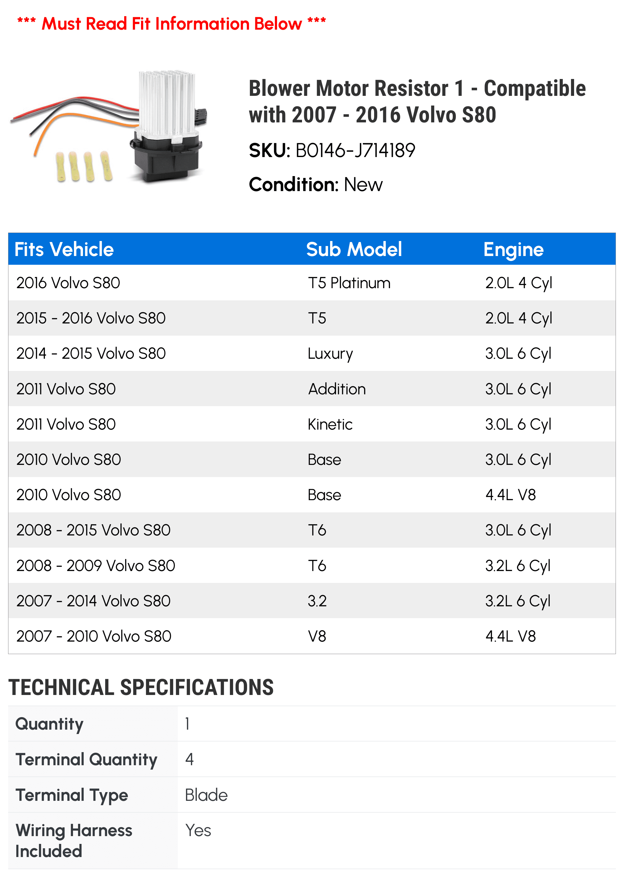 Blower Motor Resistor 1 - Compatible with 2007 - 2016 Volvo S80 - Autopart Premium