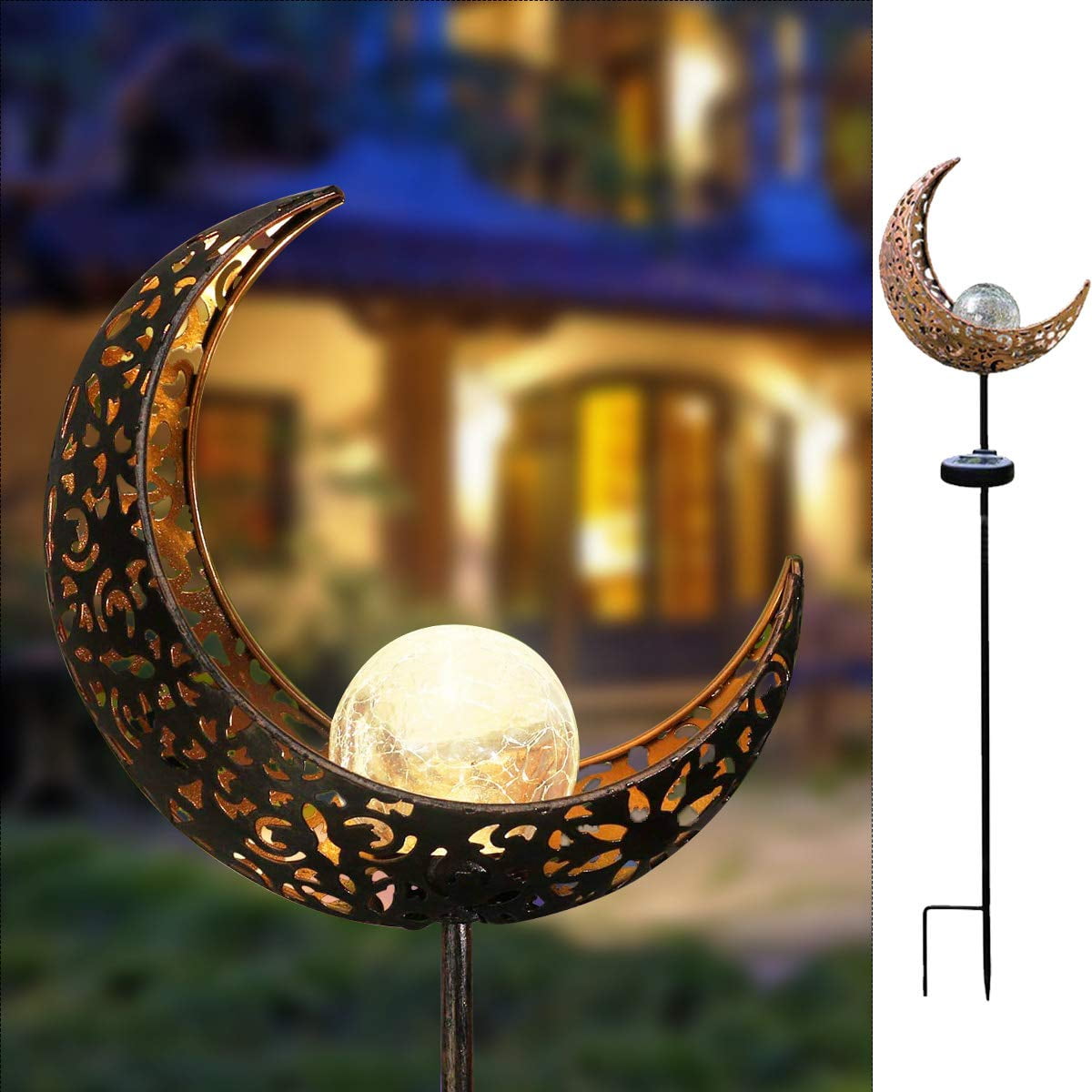 HOMIMP Garden Solar Light Outdoor Flame Crackle Glass Ball LED Path Lights with Metal Art Stake Waterproof for Pathway Lawn Patio Yard Bronze 