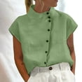 thumbnail image 2 of Womens Shirts Cotton Linen High Neck Cap Sleeve Casual Spring Summer T Shirts for Women Green L, 2 of 5