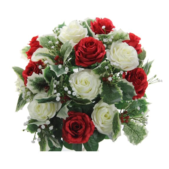 Faux Rose Buds Holly Leaf Filler Mixed Flower Bush