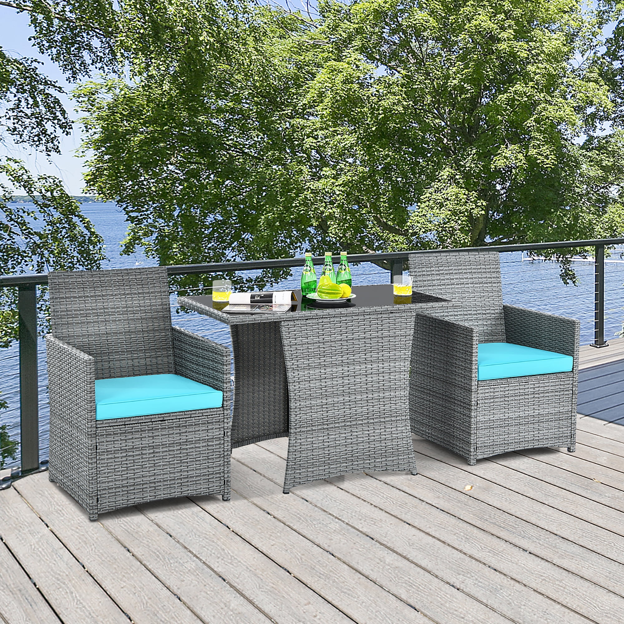 Costway 3PCS Patio Rattan Furniture Set Cushioned Sofa Armrest  Turquoise
