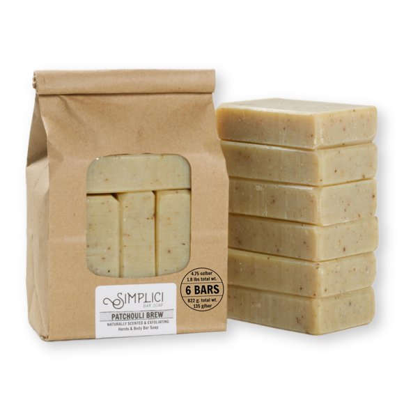 Jabón natural Simplici Patchouli Brew (exfoliante + aceites esenciales puros) Bolsa económica de 6 barras. Sin palma.