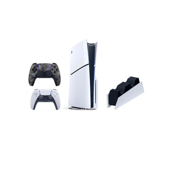 Restored Sony PlayStation 5 Slim Disc Console Bundle with White & Gray Camo Controllers, DualSense Charging Station