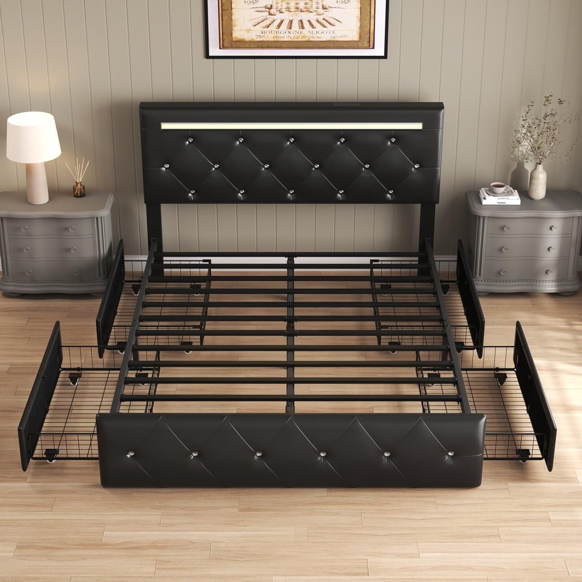 BSHTI Queen Size Faux Leather Upholstered Bed Frame with LED Light, Charging Station, 4 Storage Drawers, Adjustable Headboard for Bedroom(Black)