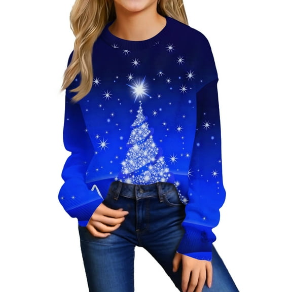 Girls Christmas Tree Graphic Sweatshirt Long Sleeve Pullover Casual Holiday Lightweight Crewneck Top