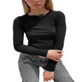 thumbnail image 3 of Women‘s Slim Fit T-Shirt  Solid Long-Sleeve Ribbed  Neck Knit Cropped Tops Black S, 3 of 5
