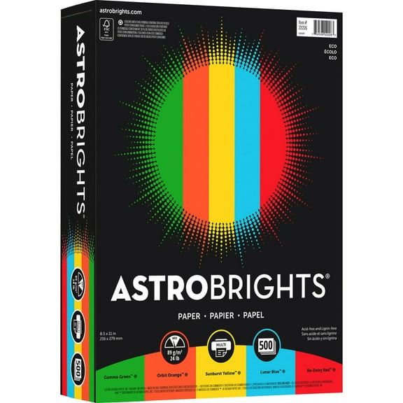 Astrobrights Colored Paper 24 lbs. 8.5" x 11" Assorted Eco Colors 500 Sheets/Ream (22226)