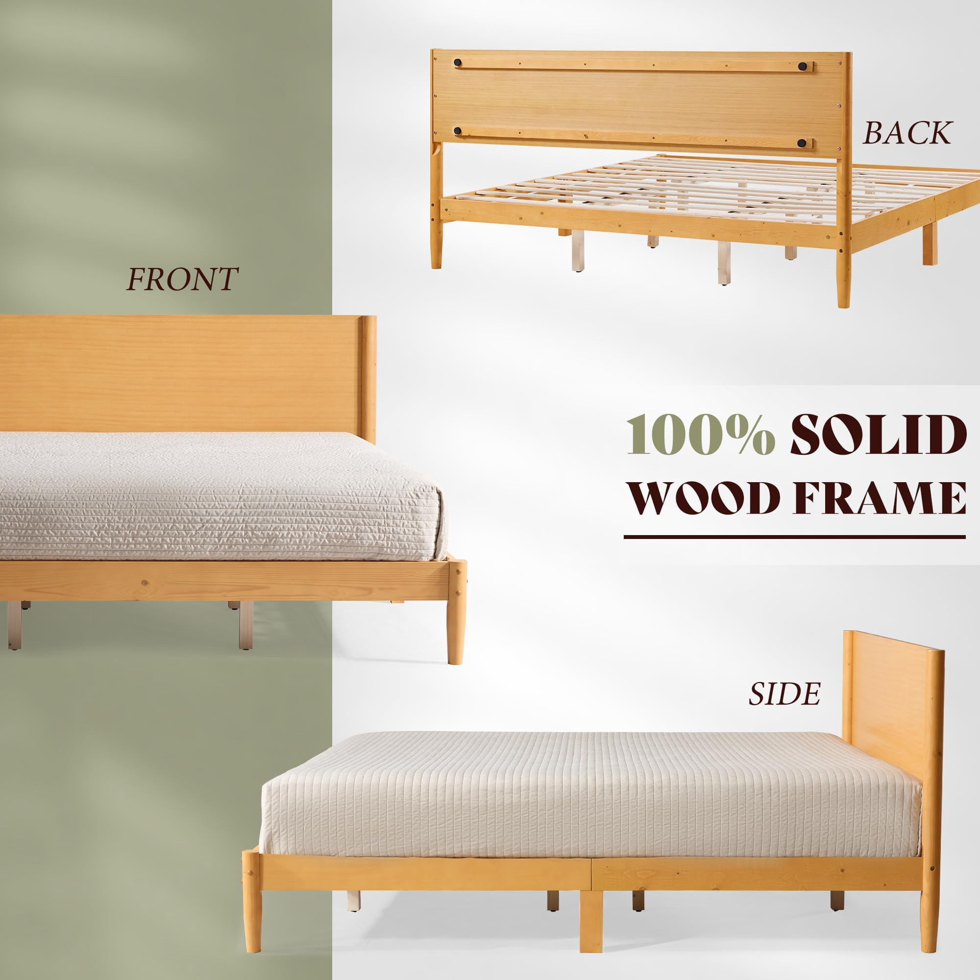 Merluxy Solid Wood Full Size Bed Frame, Mid Century Modern Bed with Full Panel Headboard, Under-Bed Storage, Natural Wood