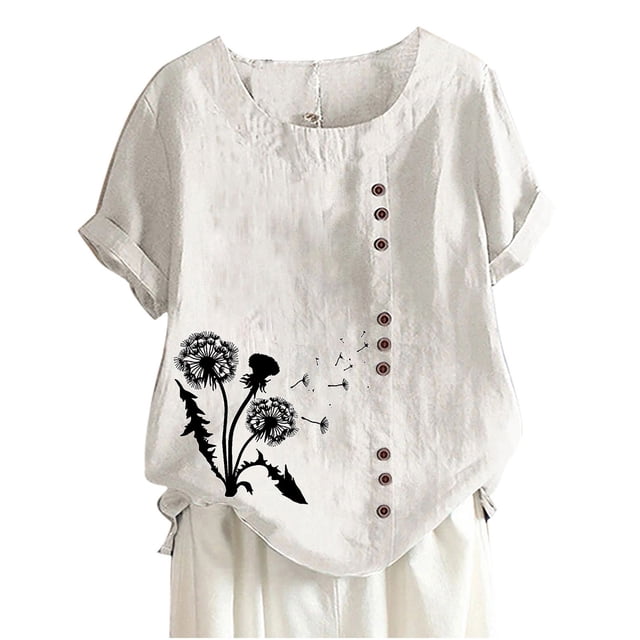 Pompotops Femmes Été Casual Col Rond Manches Courtes Impression en Vrac Chemise Tops