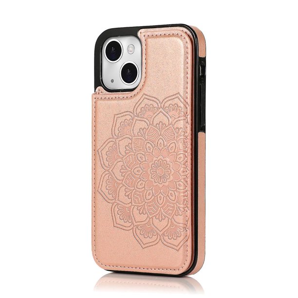 Funda para iPhone 14 con tarjetero de piel sintética con estampado de flores de datura