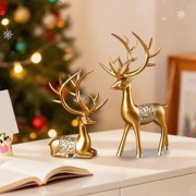 Moocorvic 2Pcs Gold Resin Reindeer Figurines Christmas Table Decorations, Sitting & Standing Deer Statues for Living Room, Bedroom, Christmas Gifs