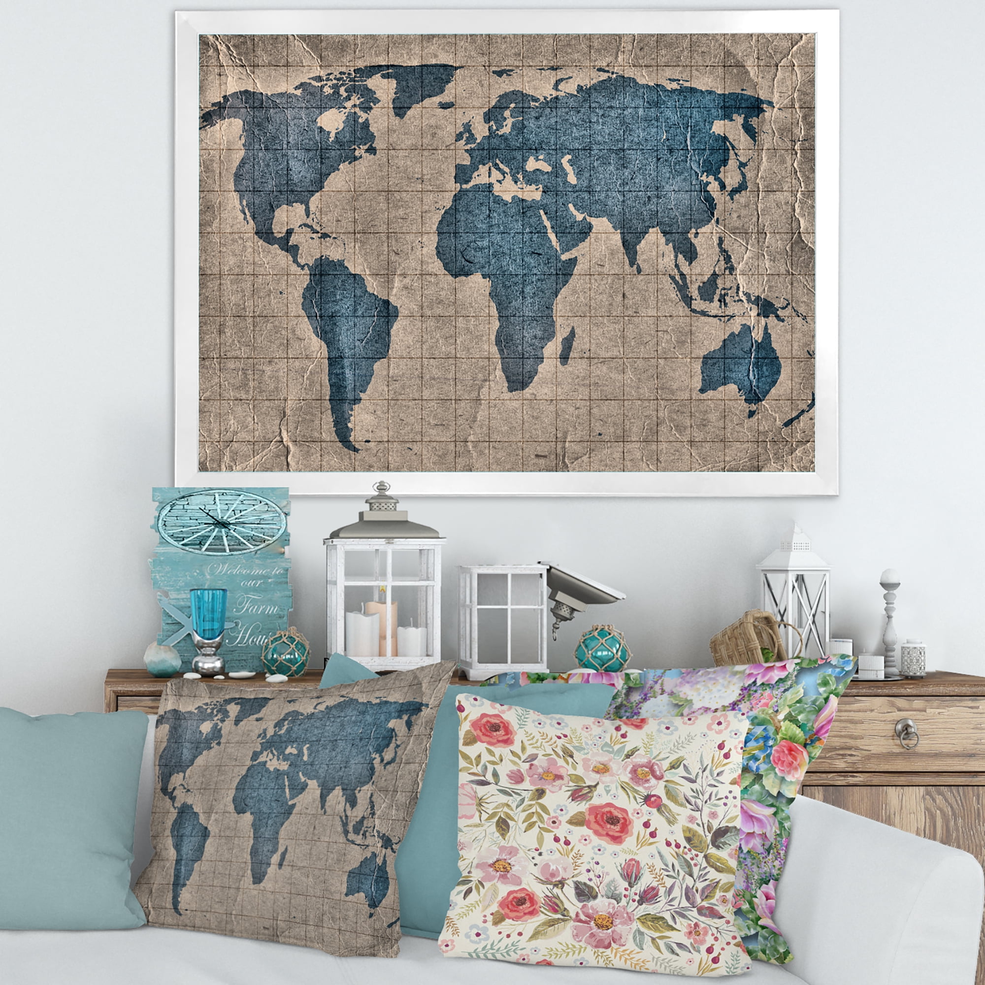 Designart 'Ancient World Map I' Rustic Framed Art Print