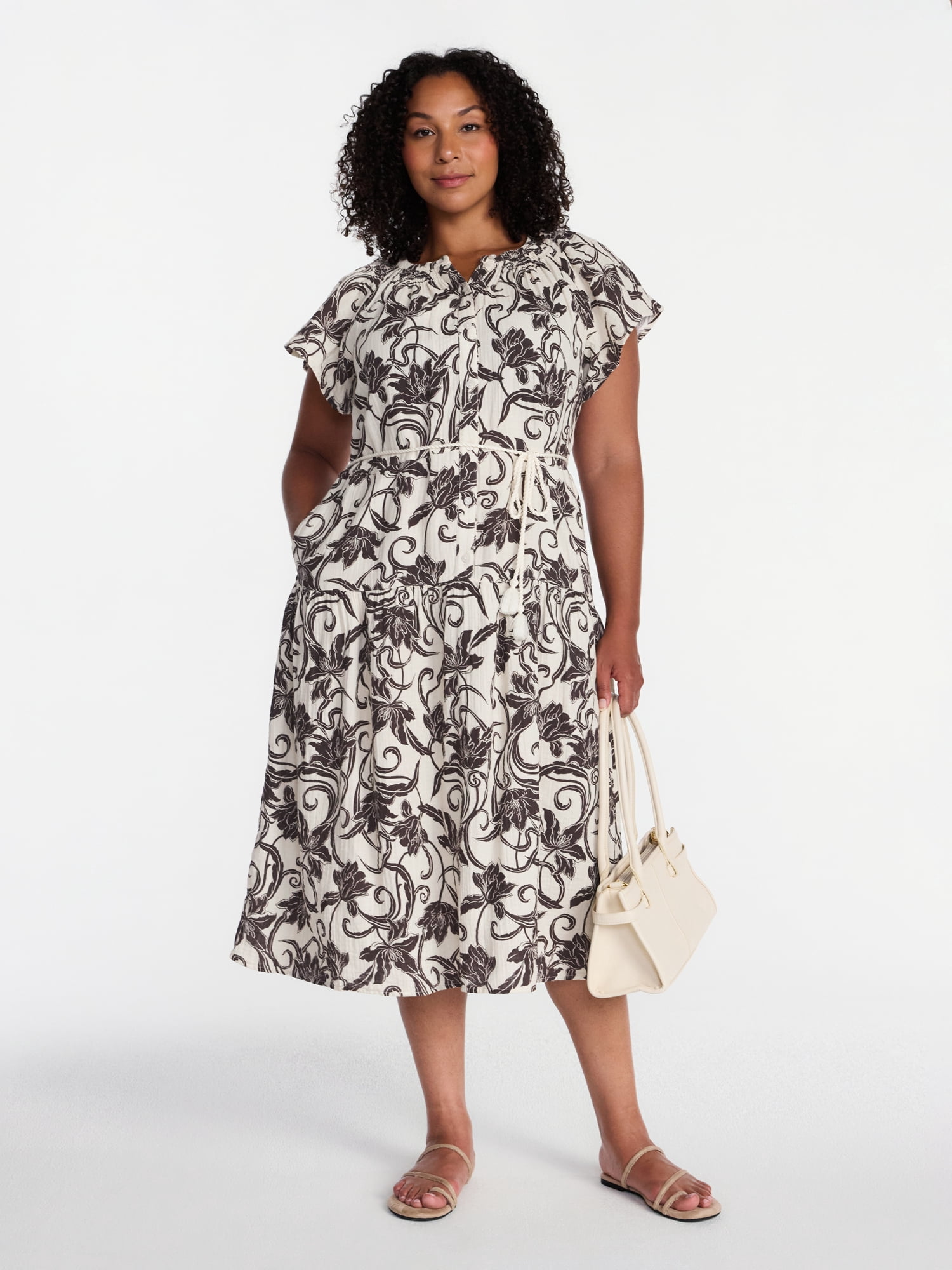 Time and Tru Women's Double Cloth Midi Dress, Sizes XS-XXXL