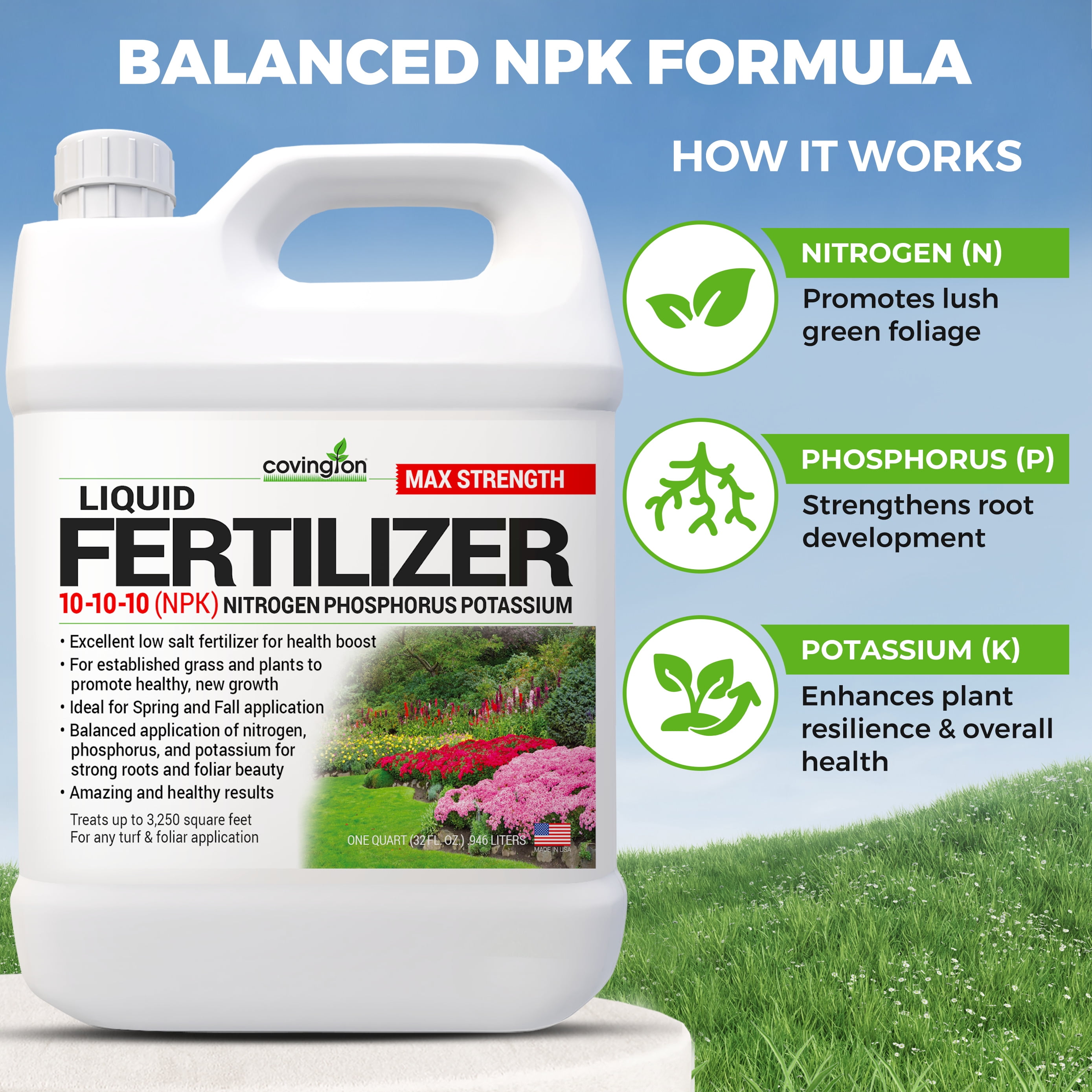 Covington Naturals Liquid Fertilizer for Lawns 10-10-10, All Purpose Plant Food 32 Ounces