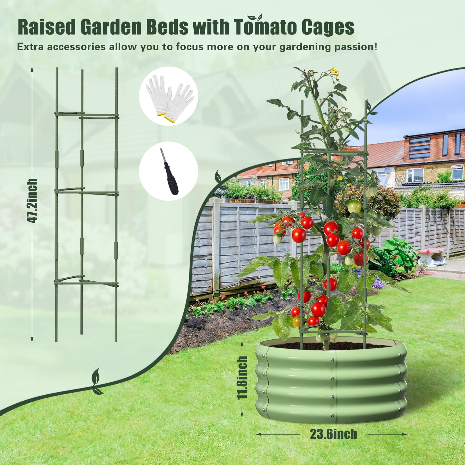 Slsy 3 Pcs 24x24x12in Round Galvanized Raised Garden Bed with Tomato Cages, Metal Planter Box for Planting Plants Vegetables Herbs Flowers