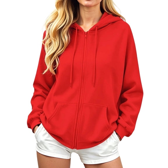 DHFJKG Oversized Zip Up Hoodie Women Drawstring Long Sleeve Hooded Sweatshirts Casual Track Jackets