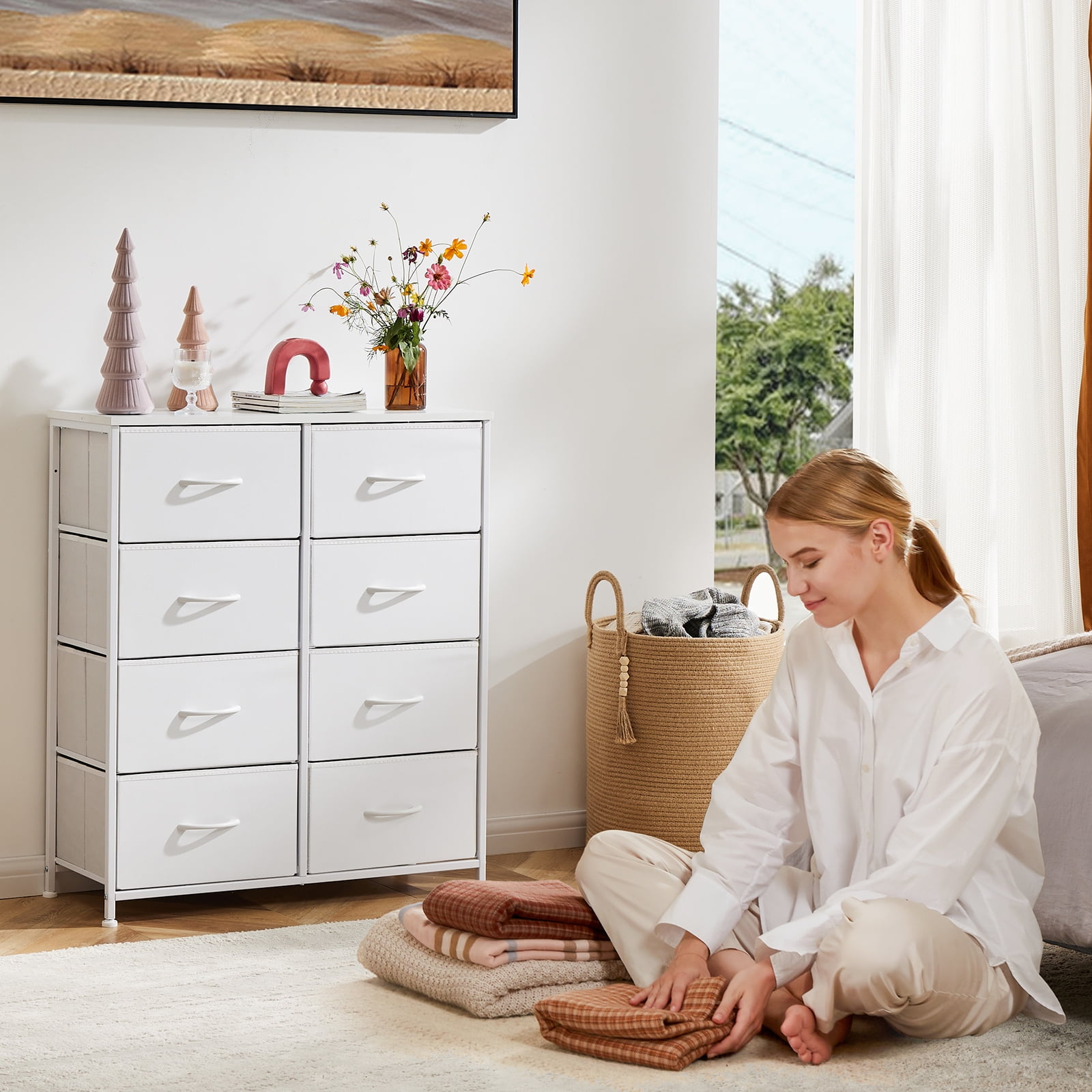 EDX 8 Drawers Dresser for Bedroom with Metal Frame, Wood Tabletop, Storage Chest Drawers, White