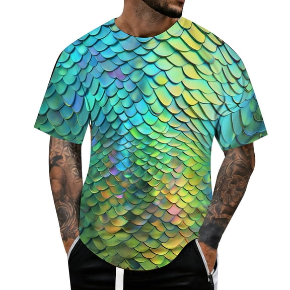 TUOYUAN Mens Summer 3D Mermaid Scale Print Short Sleeve T Shirt Top,Mint Green,SIZE:L
