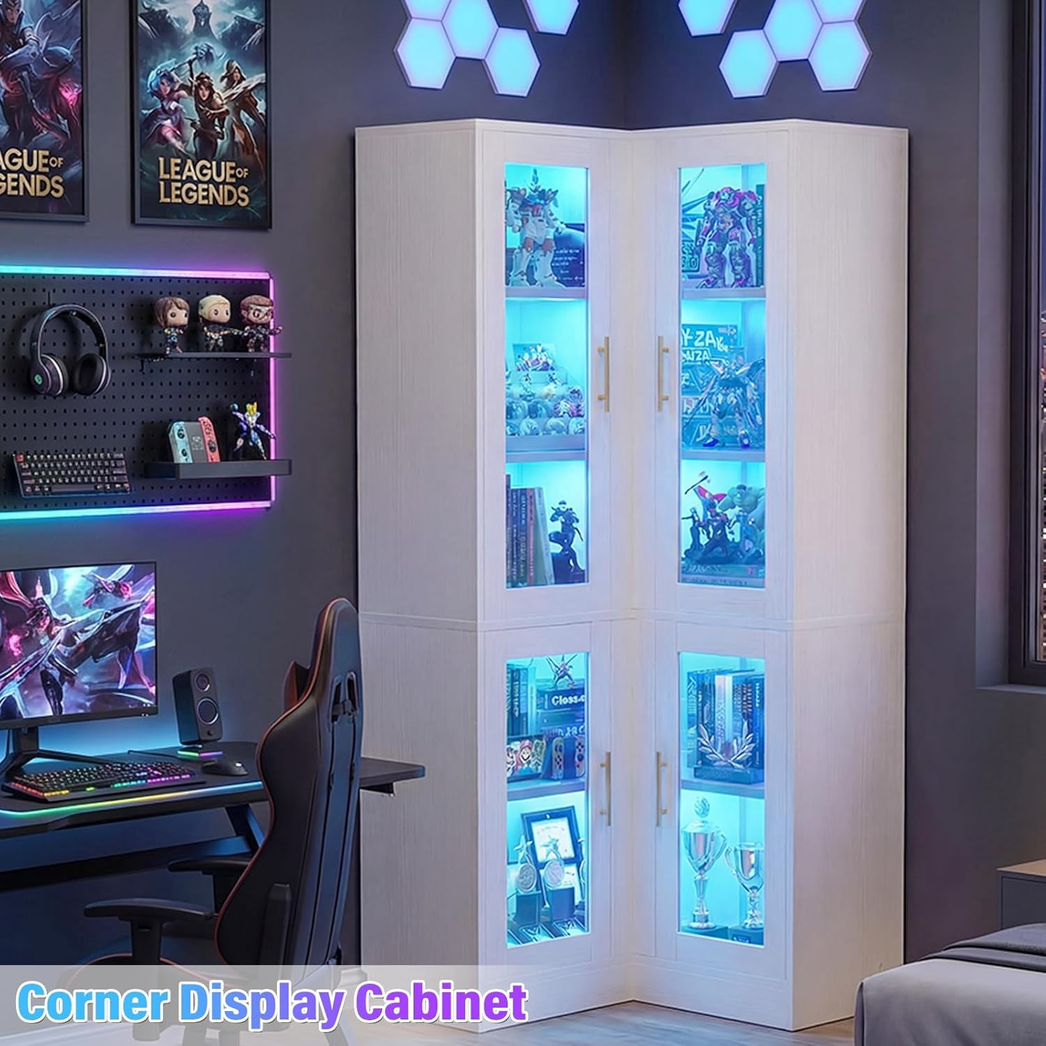 Homieasy 70'' Tall Corner Pantry Cabinet, L Shaped Kitchen Hutch Cabinet with LED Lights, Glass Doors & Adjustable Shelves, Storage Cabinet for Dining, Kitchen, Closet, White