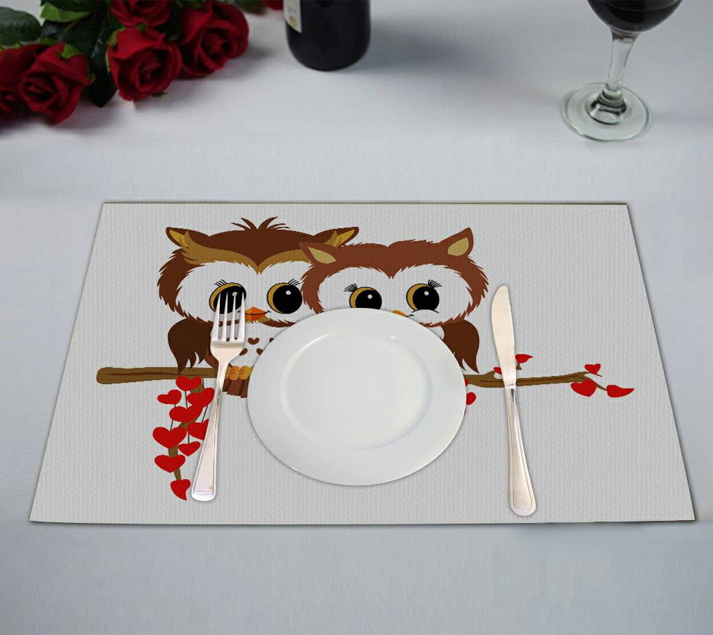 ECZJNT Valentine owls Placemat Table Mat Cup Mat 12x18 inch,Set of 2