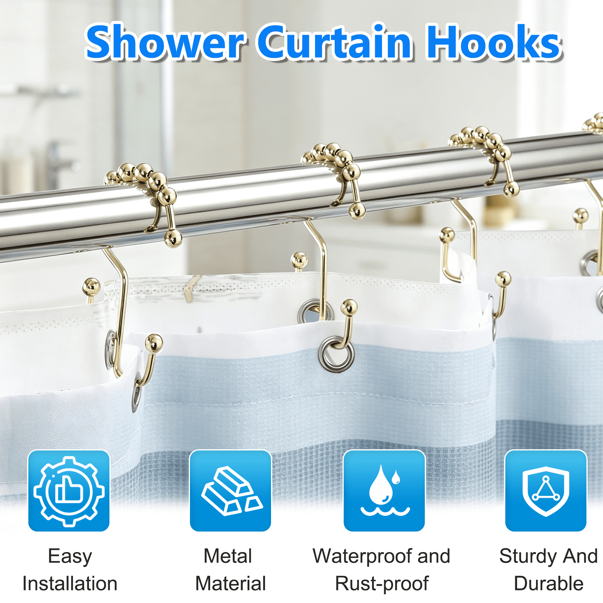 12 Pack Shower Curtain Hooks Rings, Double Shower Curtain Hooks, Roller Ball Metal Curtain Rings, Rust Proof Decorative Shower Curtain Hooks for Bathroom Curtain Rod