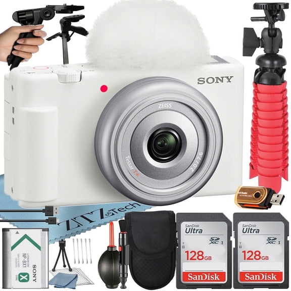 Sony ZV-1F Vlogging Camera (White) with 2 Pack SanDisk 128GB Memory Card   Tripod   Case   ZeeTech Accessory Bundle (International Version)