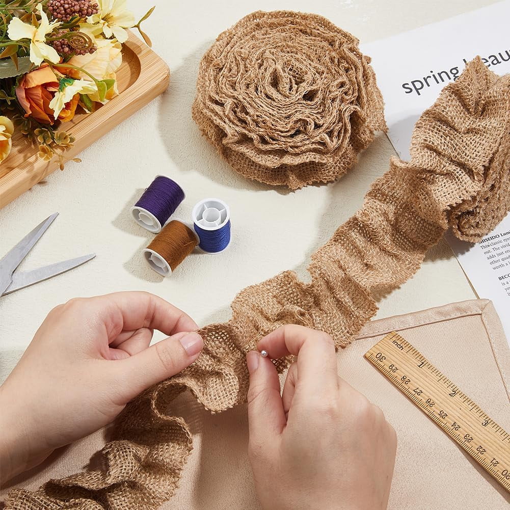 12 Rolls Ruffled Bulletin Board Borders Total 26.28 Yards with 2 Rolls Transparent Acrylic Double Sided Adhesive Tape Scalloped Classroom Burlap Bulletin Border Decorations Beige