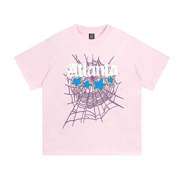 Sp5der cantante de hip-hop Young Thug mismo estilo letras de espuma 555555 pareja camiseta rosa de manga corta69616 rosa