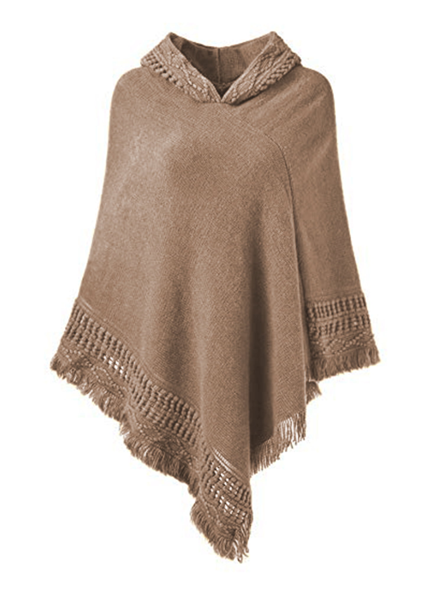 Jumojufol Womens Winter Loose Scoop Neck Tassel Fringed Sides Knit Cape Shawl Stripes Chevon Wrap Poncho Sweatershirts