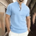 thumbnail image 2 of FAWUUDO Men's Casual T-Shirt Short Sleeve Button Stand Collar Summer Breathable Solid Color Top Light Blue, 2 of 7