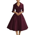 thumbnail image 2 of Formal Dresses for Women Satin Long Sleeve V Neck Lapel Collar Slim Fit A Line Flowy Midi Dress Wedding Guest Dress, 2 of 6