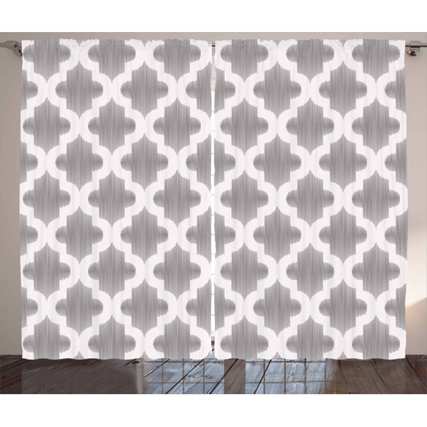 Grey and White Curtains 2 Panels Set, Damask Geometric Middle Eastern