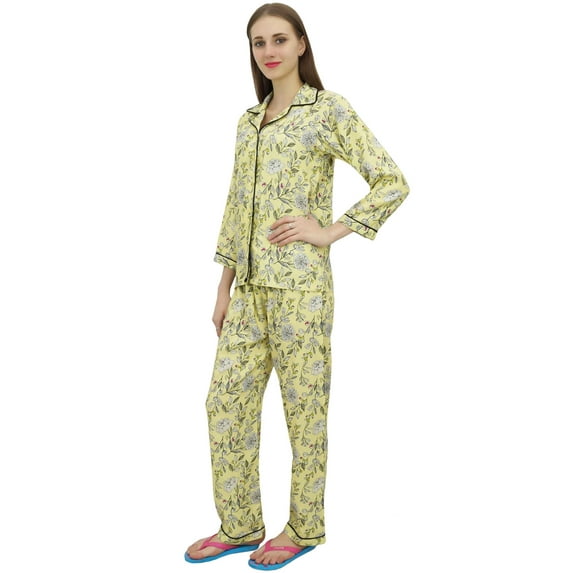 Bimba Button-Down Yellow Shirt Pajama Pant 2 Pcs Floral Print Night Wear Set-4