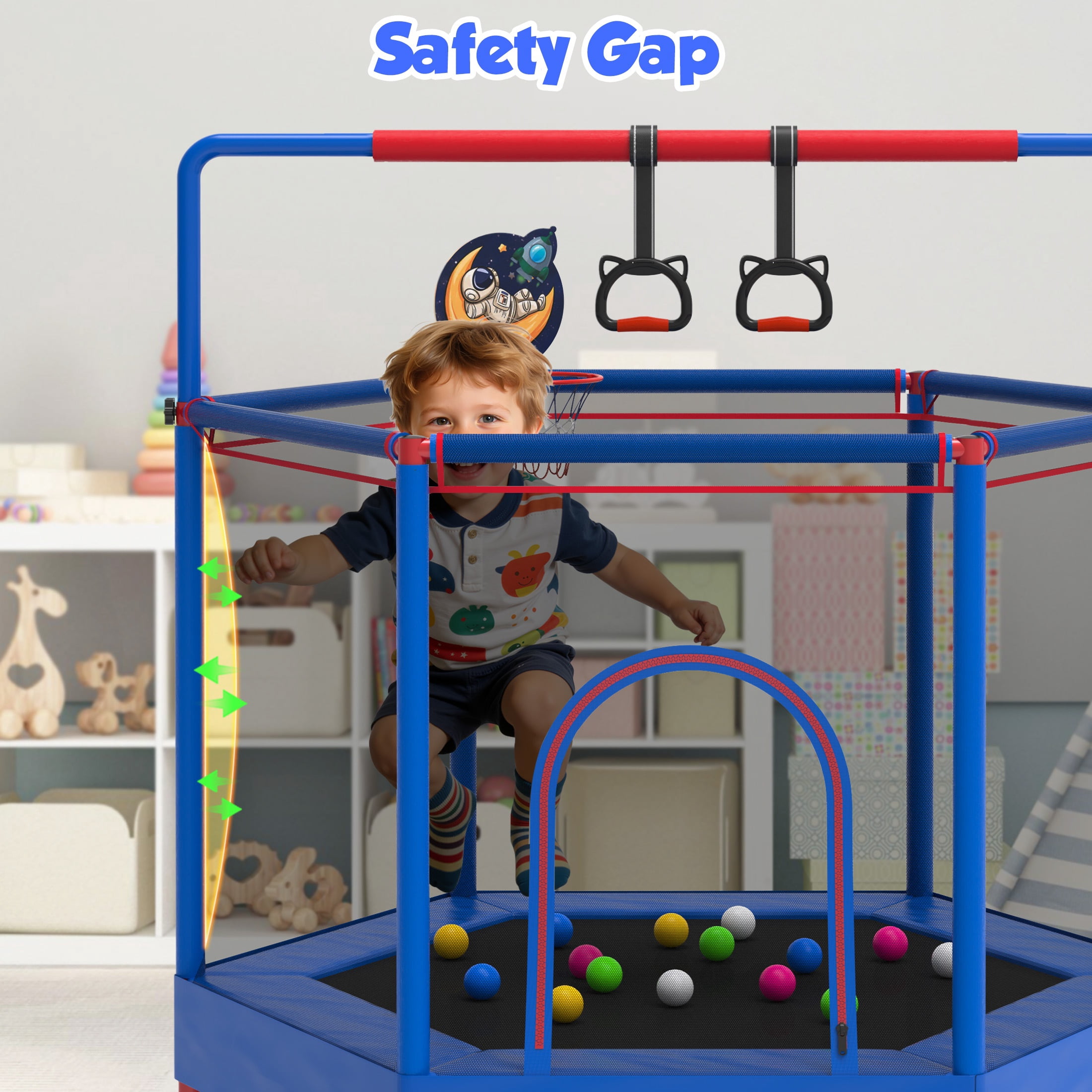 60" Mini Trampoline for Kids with Enclosure, Shinpt Indoor & Outdoor Toddler Trampoline, Upgrade Full Anti-Rust Tube with Adjustable Gymnastics Bars, Small Trampoline for Boys & Girls