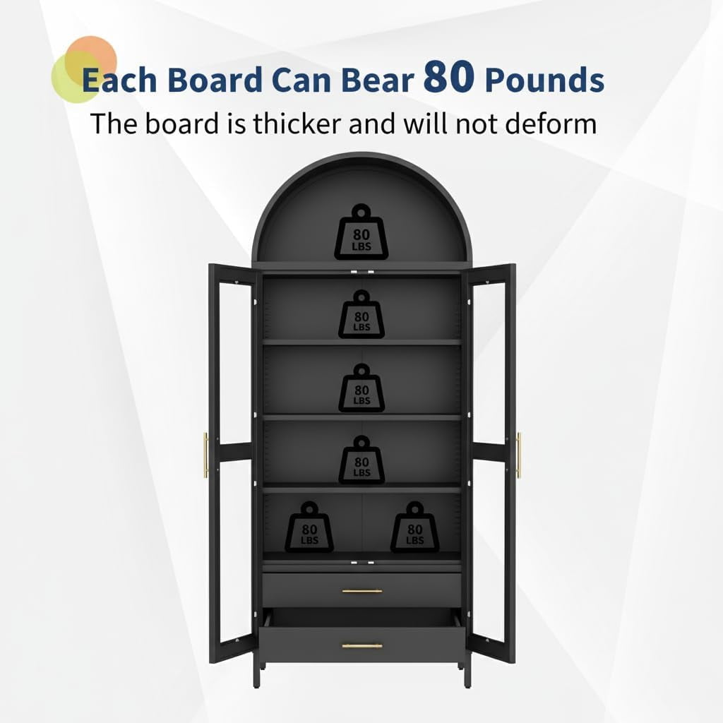 55" Tall Kitchen Pantry Cabinet, Arched Display with Glass Doors, 2 Drawers & Adjustable Shelves for Living, Dining Room, Black