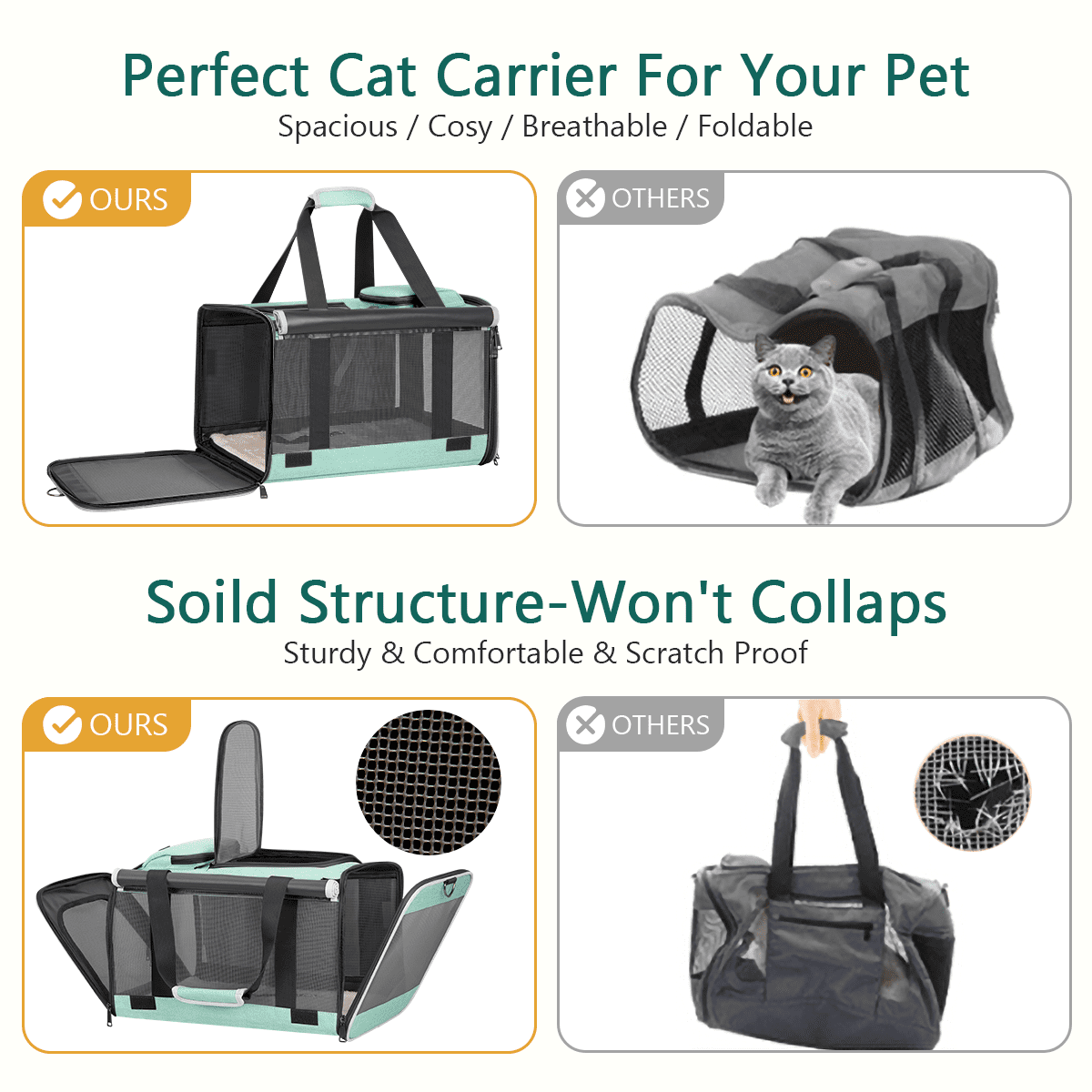 CshidWorld Cat Carriers for Large Cats up to 25LB, Large Cat Carrier with a Bowl, Soft Sided Carrier with 2 Side Roller Blinds for Pet Cat Kitten Small Dog Puppies Airline Approved, Green