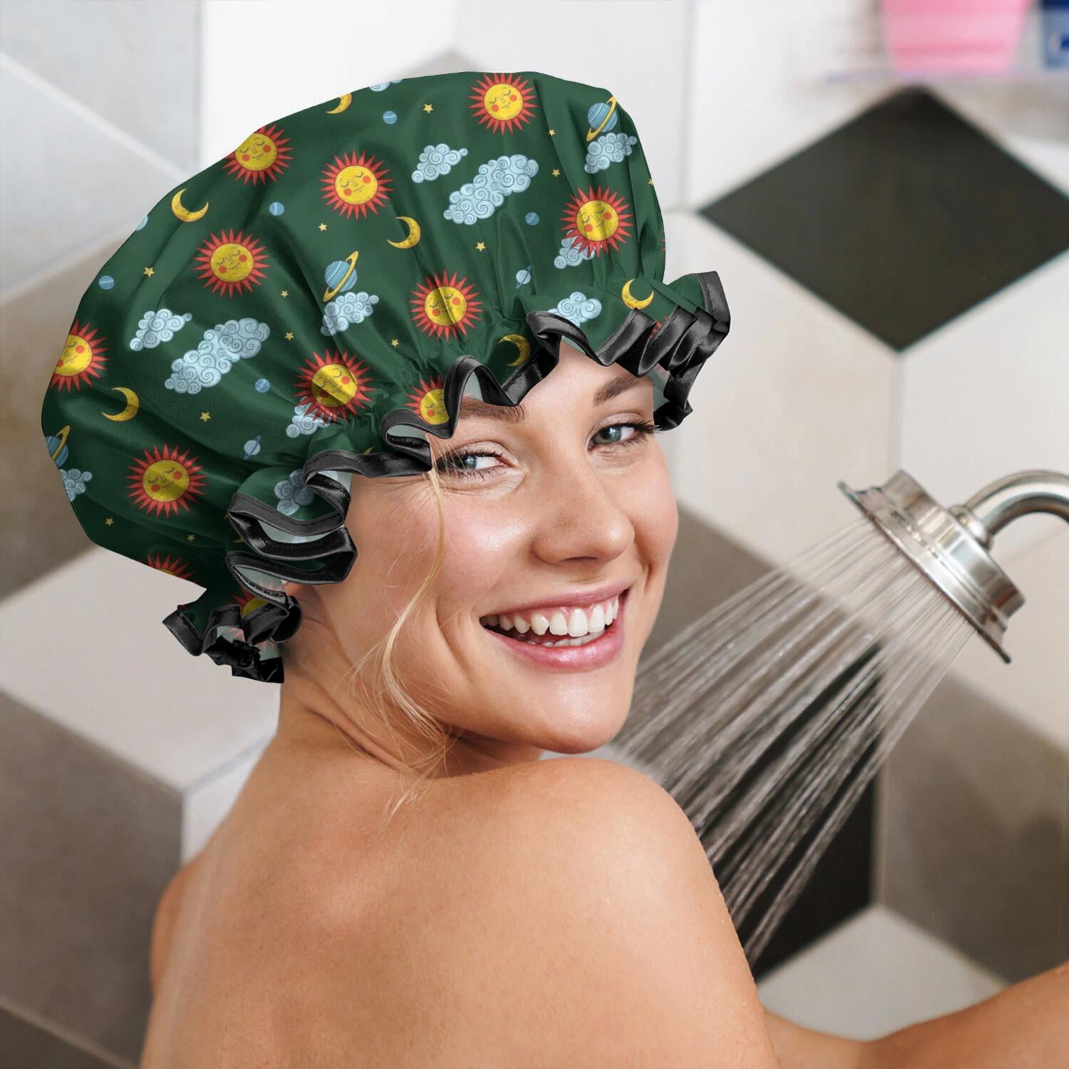 Shower Caps,Green Sun Moon Cloud Planet Pattern Waterproof Shower Cap for Women 4 Pieces,Double Reusable Hair Cover for Shower PEVA Elastic Stretch Hem